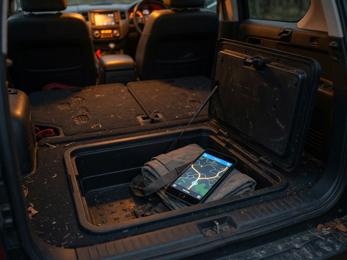 A phone hidden in the boot of a 4x4 showing a live GPS map