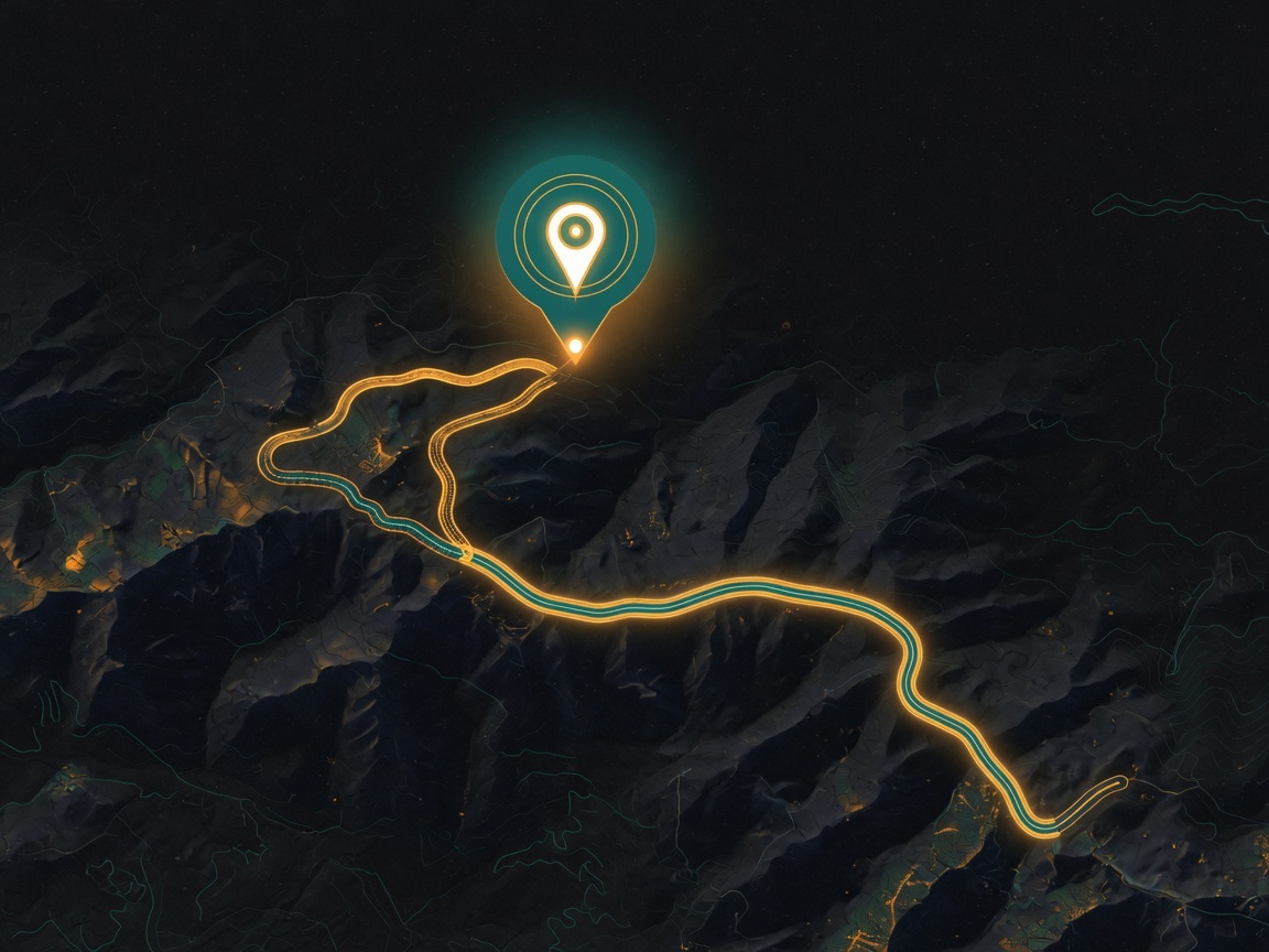 A glowing off-road route line on a dark map with a location pin