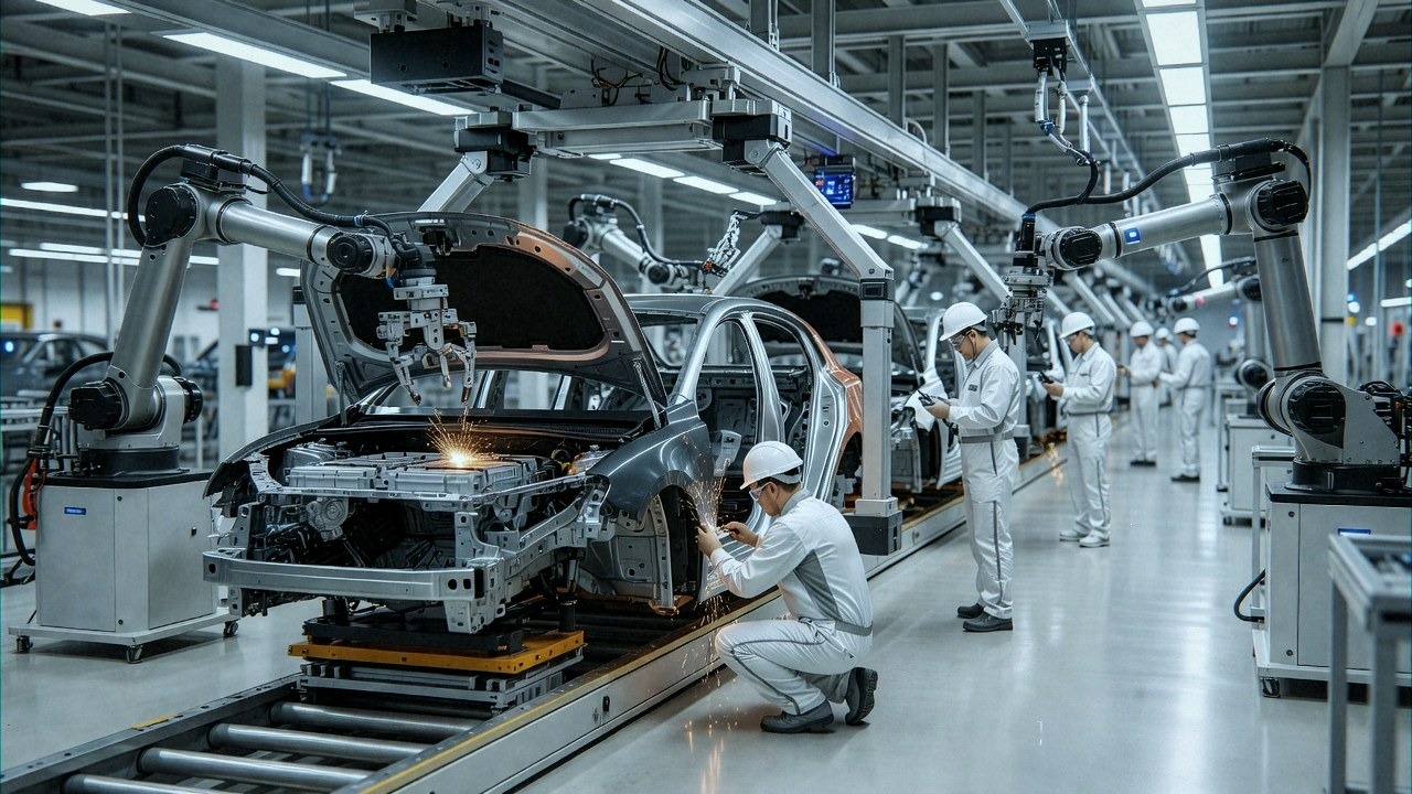 Modern automotive assembly line building hybrid vehicles in a European plant