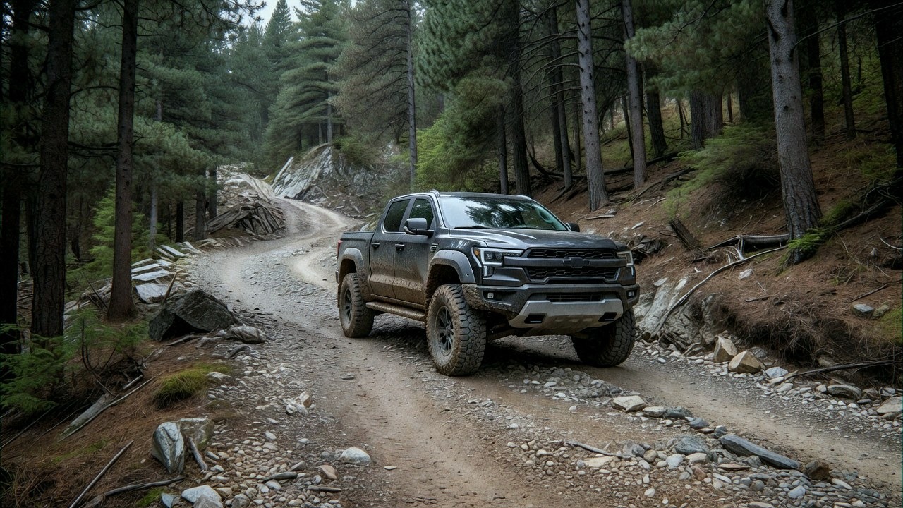 Off-road hybrid pickup on a gravel trail in mountain terrain